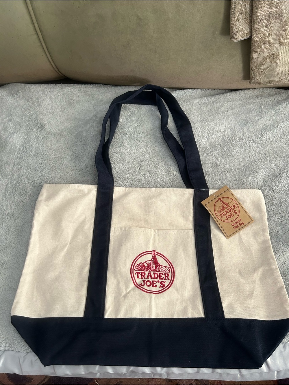 Trader Joe's Cream & Navy Canvas Tote Bag with Red Logo